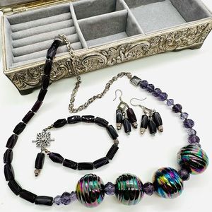 Vintage Peacock Amethyst Glass Jewelry Set